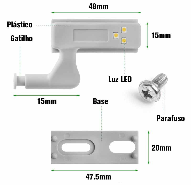 Kit Luminária Led Sensor Automático p/ Armário Closets Gavetas