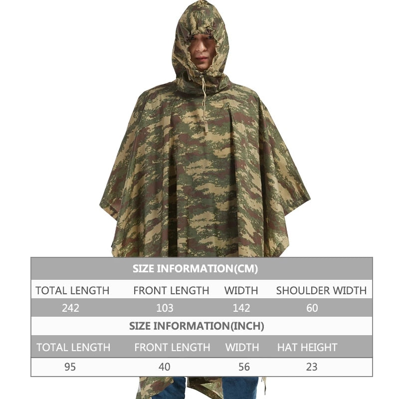 Poncho Capa de Chuva Militar Camuflado Impermeável c/ Capuz Tamanho Único