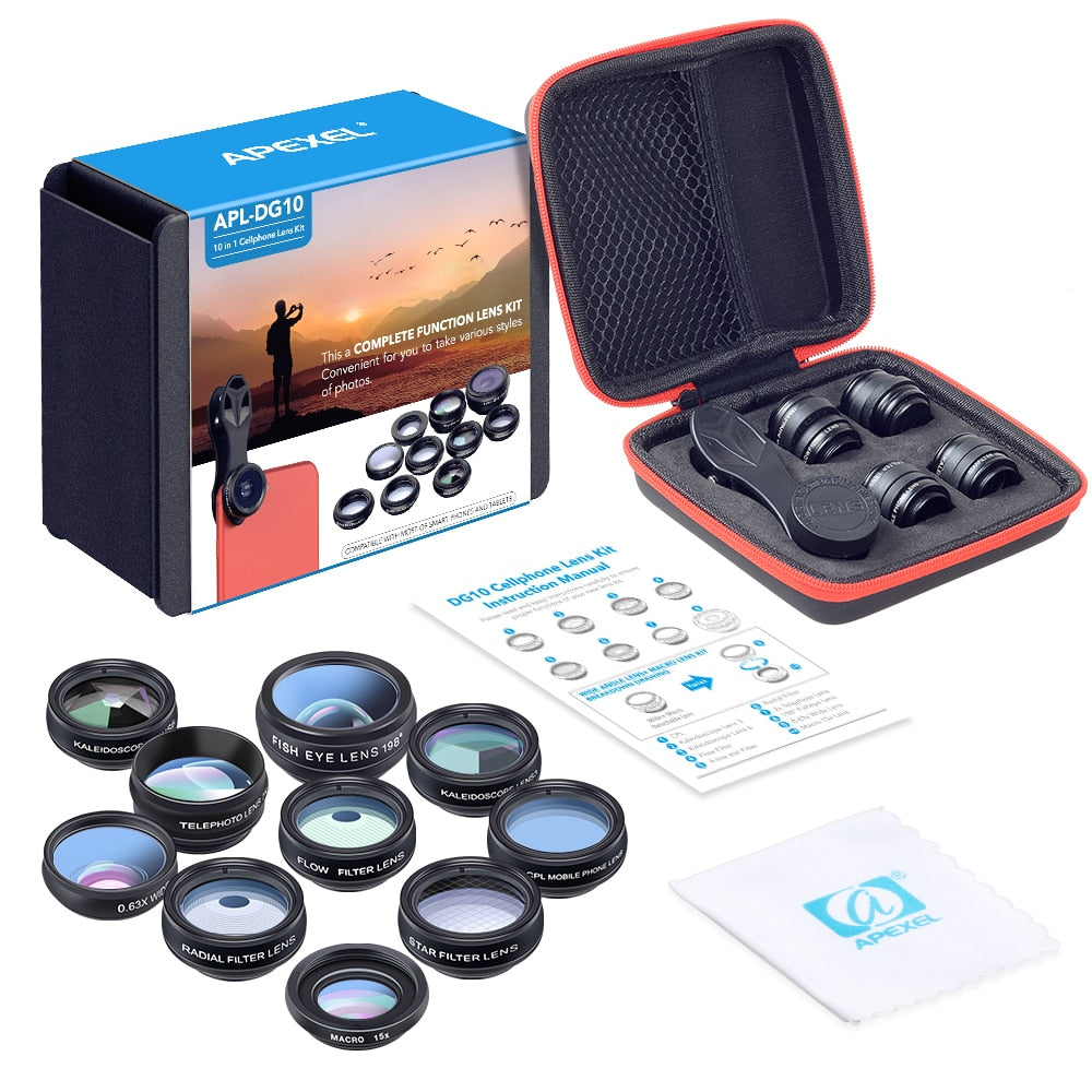 Apexel® Kit com 10 Lentes para Celular + Mini Adaptador